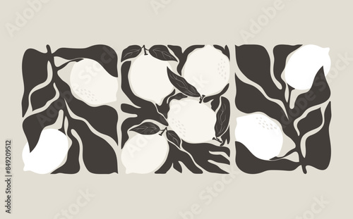 Abstract retro groovy lemons poster. Modern trendy minimalistic style citrus fruit design for wall prints, in monochrome color palette.