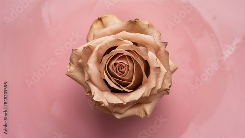 Top view of dried rose on pink background