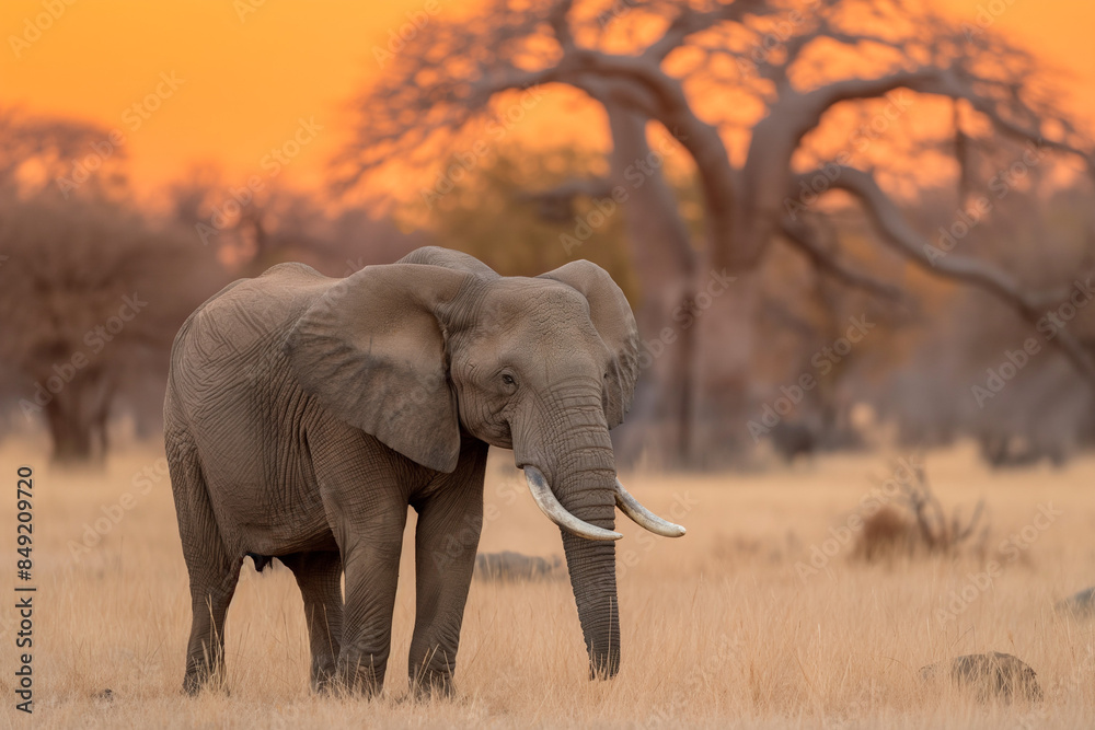 Fototapeta premium A lone, majestic elephant silhouetted against the golden dawn in Kruger National Park, South Africa. The timeless beauty of the African savanna unfolds with ancient baobab trees casting long shadows.