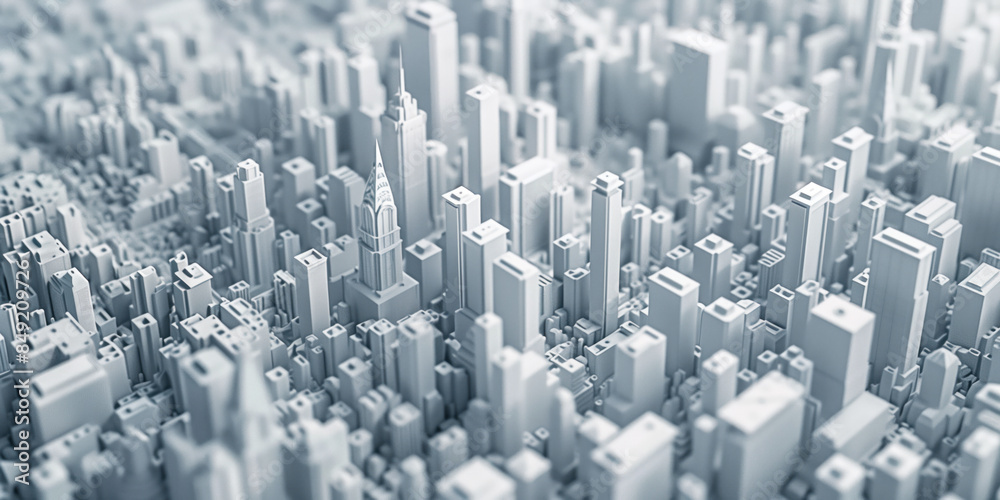 Birds Eye view of a modern city. Urban concept. White clay 3D rendering. Created with Generative AI technology.