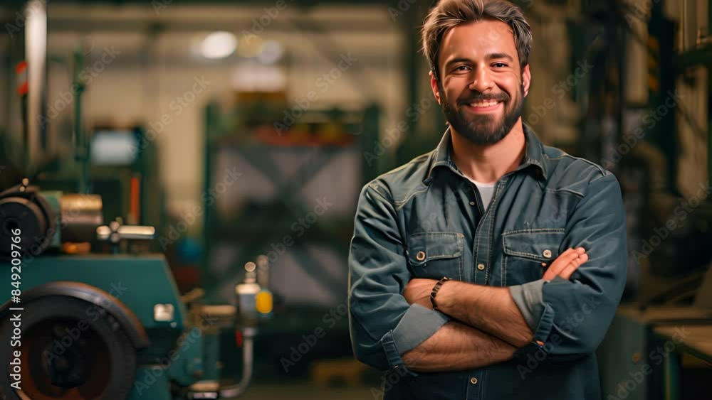 Electrical engineer with crossed arms standing and smiling at work Electrical engineer with crossed arms standing and smiling at work
