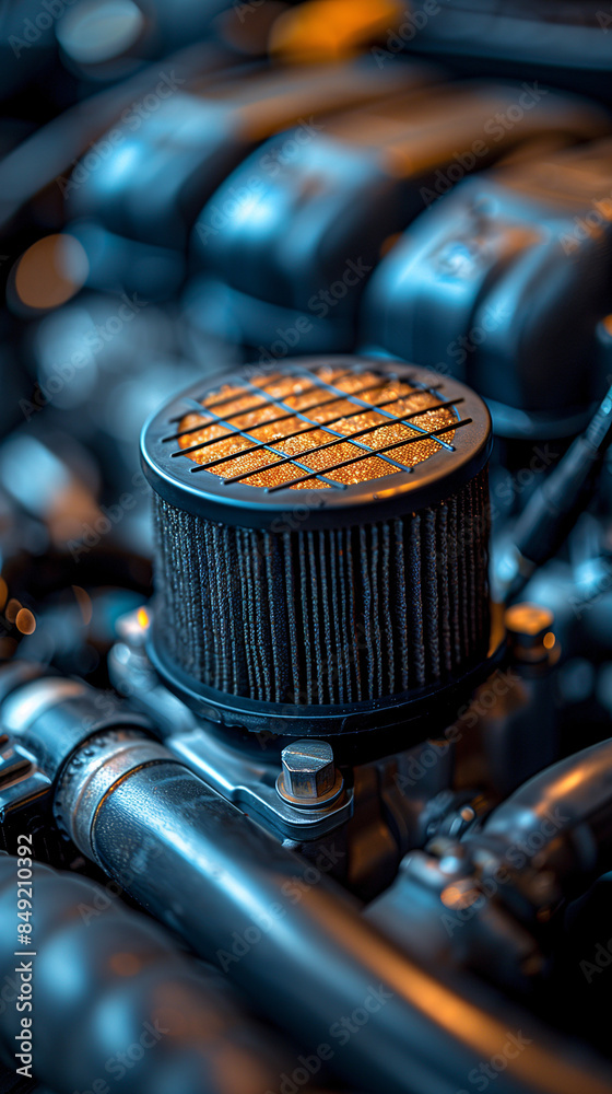 Detailed close-up of a dust filter installed in a car engine ...