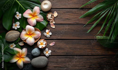 Beautiful spa composition with towels, plumeria flowers and spa stones. Spa accessory in spa hotel, beauty wellness center. Spa product luxury spa resort room. Place for text. Copy space