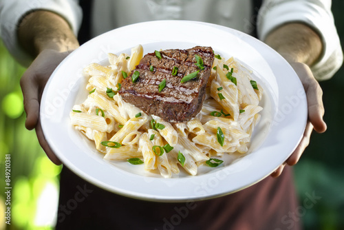 Pasta with roasted steak meat food