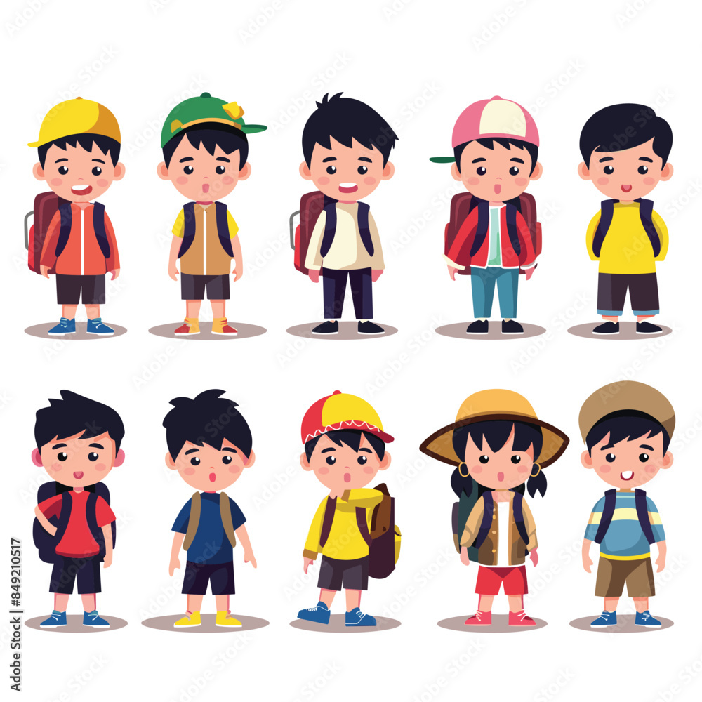 Diverse group cartoon school children ready school. Boys girls standing backpacks, various expressions, wearing hats, casual clothing. Happy, curious, pouting kids illustrated Diverse group cartoon school children ready school. Boys girls standing backpacks, various expressions, wearing hats, casual clothing. Happy, curious, pouting kids illustrated