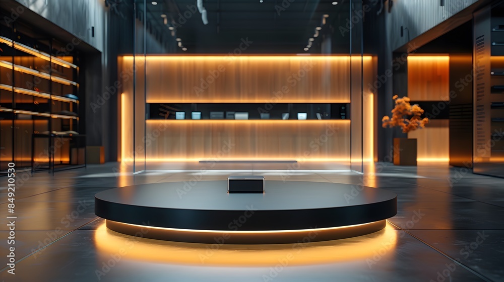 A sleek, black matte podium with subtle lighting, positioned in a high-end electronics store A sleek, black matte podium with subtle lighting, positioned in a high-end electronics store