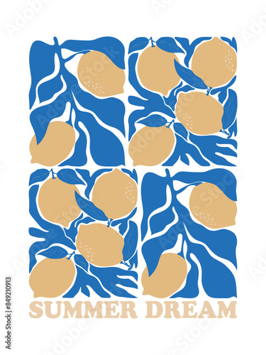 Summer dream groovy retro poster with lemons and leaves. Aesthetic contemporary citrus fruit banner with summer message.