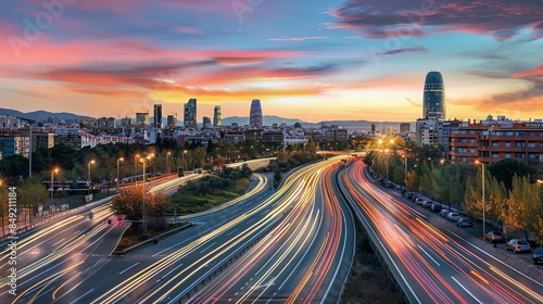A long exposure shot of a highway at sunset, with streaks of light from cars and the cityscape in the background.