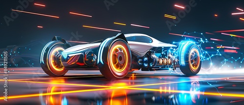 Futuristic sports car with neon lighting on cybernetic grid, vibrant concept art