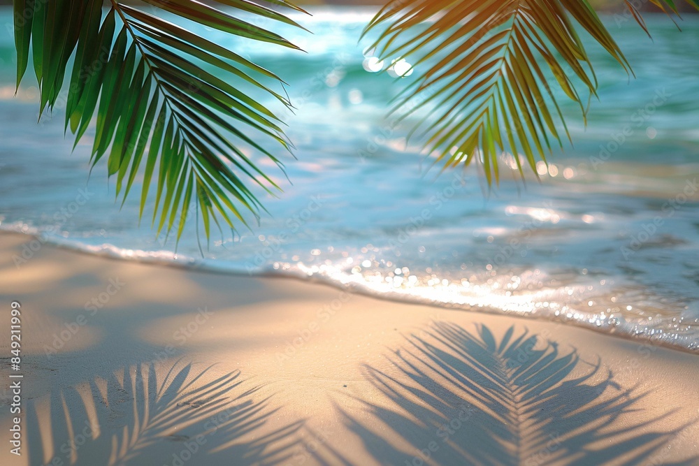 Fototapeta premium Leaf shadow on beach water, tropical summer scene.