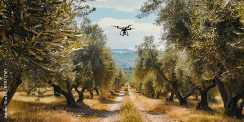 Drone checking and observing olive trees, Smart technologies in agriculture 