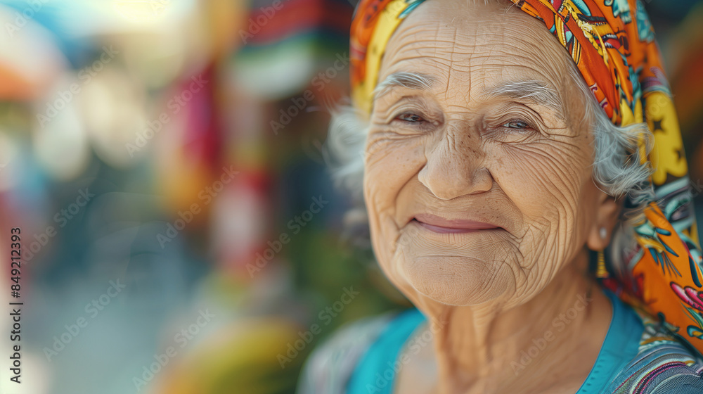 Happy elderly grandmother outdoors at the market with copy space Happy elderly grandmother outdoors at the market with copy space