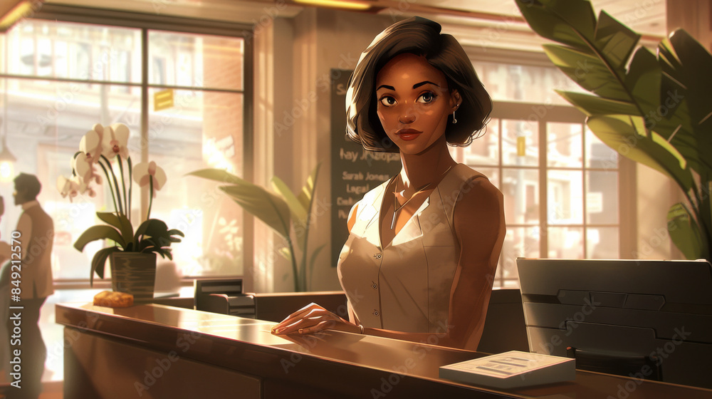 A woman is sitting at a desk in a room with a potted plant in front of her A woman is sitting at a desk in a room with a potted plant in front of her