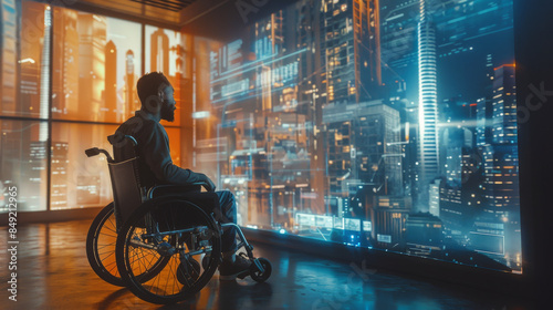 A man in a wheelchair is looking out a window at a cityscape