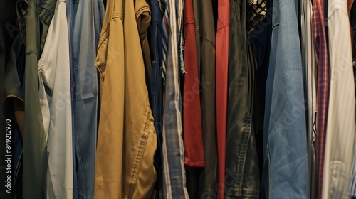 A diverse collection of casual garments hangs neatly on a rack in a clothing shop showcasing an array of colors and patterns : Generative AI