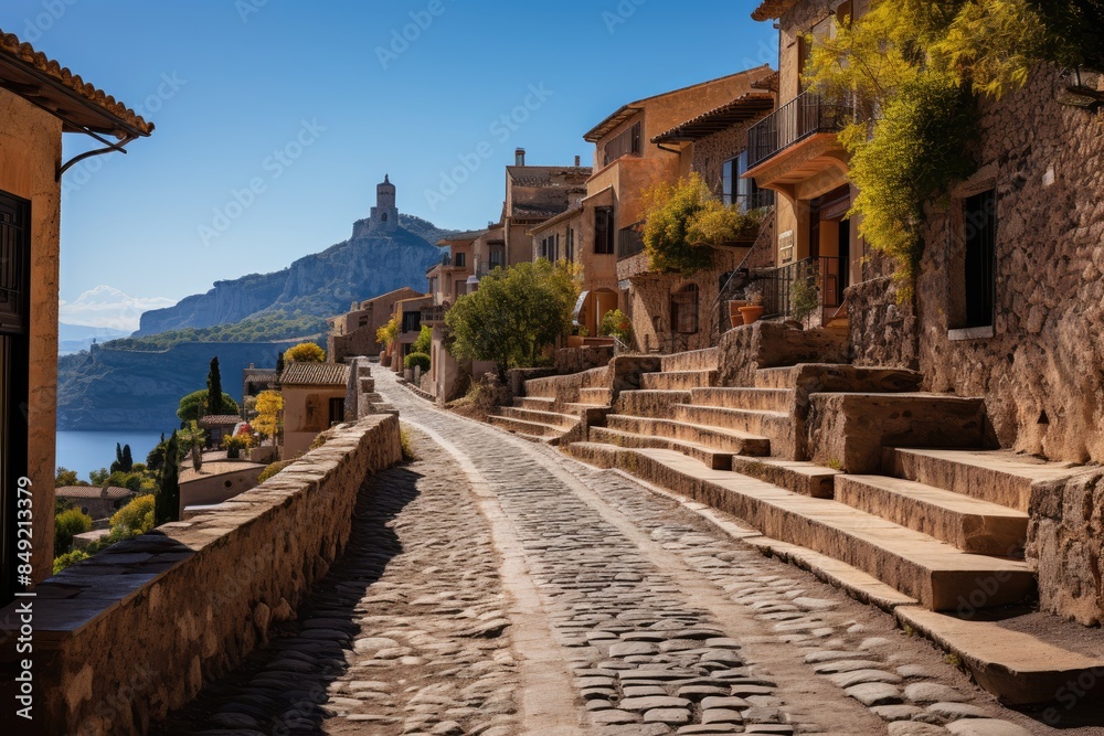 Valldemsa cobblestone streets and monastery in Mallorca., generative IA Valldemsa cobblestone streets and monastery in Mallorca., generative IA