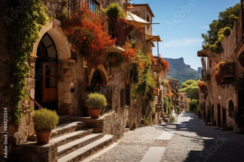 Valldemsa cobblestone streets and monastery in Mallorca., generative IA