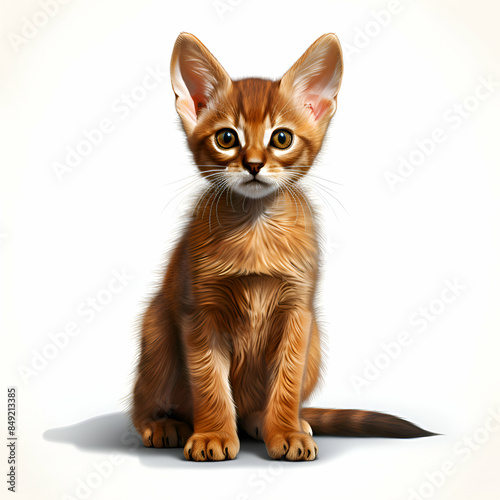 Cute abyssinian kitten sitting on a white background.