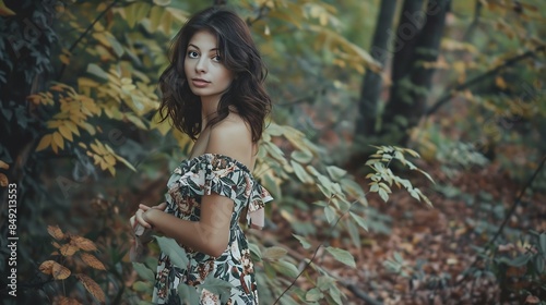 Woman in Floral Dress Standing amongst Leaves in Forest : Generative AI
