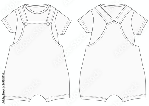 Infant Baby dungaree fashion flat sketch With T-Shirt template boys and girls dungaree 