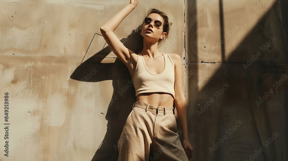 Obraz premium fashionable woman in beige tank top and pants posing in sunlight and looking at camera on grey : Generative AI