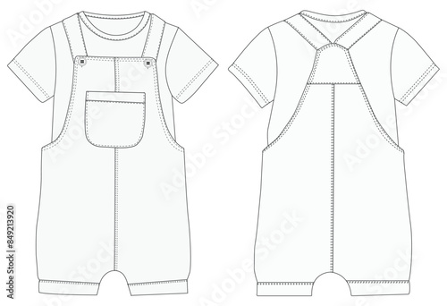 Infant Baby dungaree fashion flat sketch With T-Shirt template boys and girls dungaree 