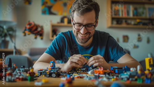 Exploring Kidult Phenomenon: Man in His 30s Enjoying Children's Toys in a Cute Hoodie