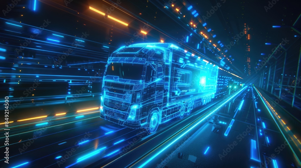 Fototapeta premium Futuristic truck on the road, glowing lines and holographic elements in a blue color background, wide angle side view.