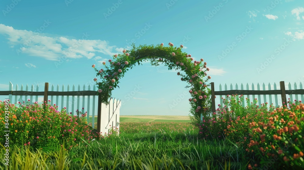 Beautiful rose arbor in an English garden with pink roses, a blue sky, and green grass background, featuring a flower wall on wooden arches. Beautiful rose arbor in an English garden with pink roses, a blue sky, and green grass background, featuring a flower wall on wooden arches.