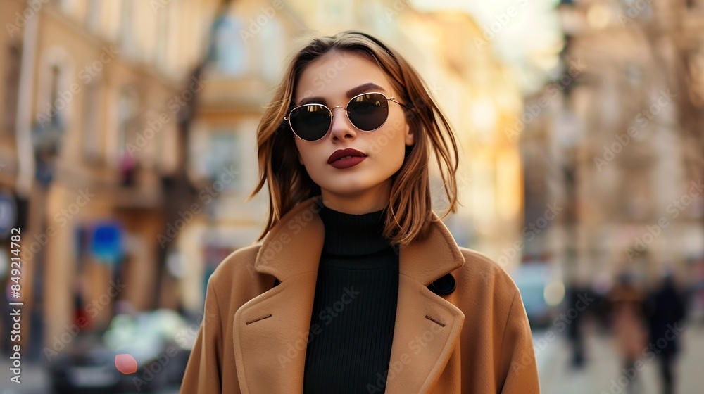 Obraz premium Stylish young woman in sunglasses and a chic coat poses outdoors on a city street exuding elegance and autumn fashion vibes : Generative AI
