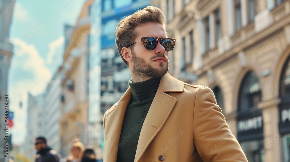 Fototapeta premium Man pride and property in street with sunglasses for fashion style and trendy in outdoor Male person real estate and agent in town for work corporate or career in mens wear in city bac : Generative AI