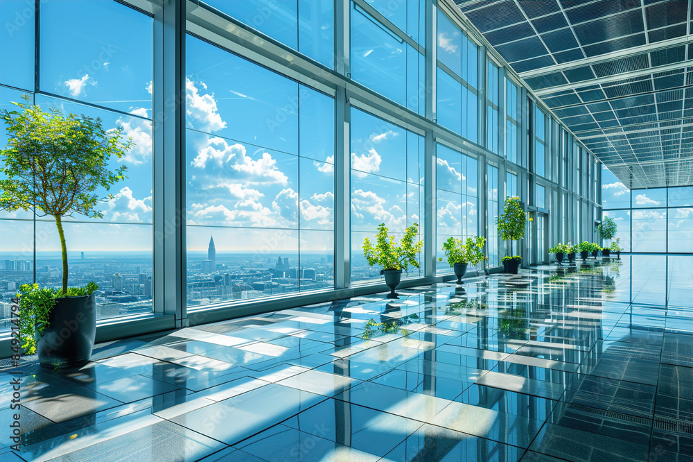 Eco-friendly banking office: Solar panels on the roof and plants throughout a modern bank interior. Eco-friendly banking office: Solar panels on the roof and plants throughout a modern bank interior.