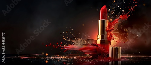 Explosion of red pigments from luxe golden lipstick against dark background © antusher