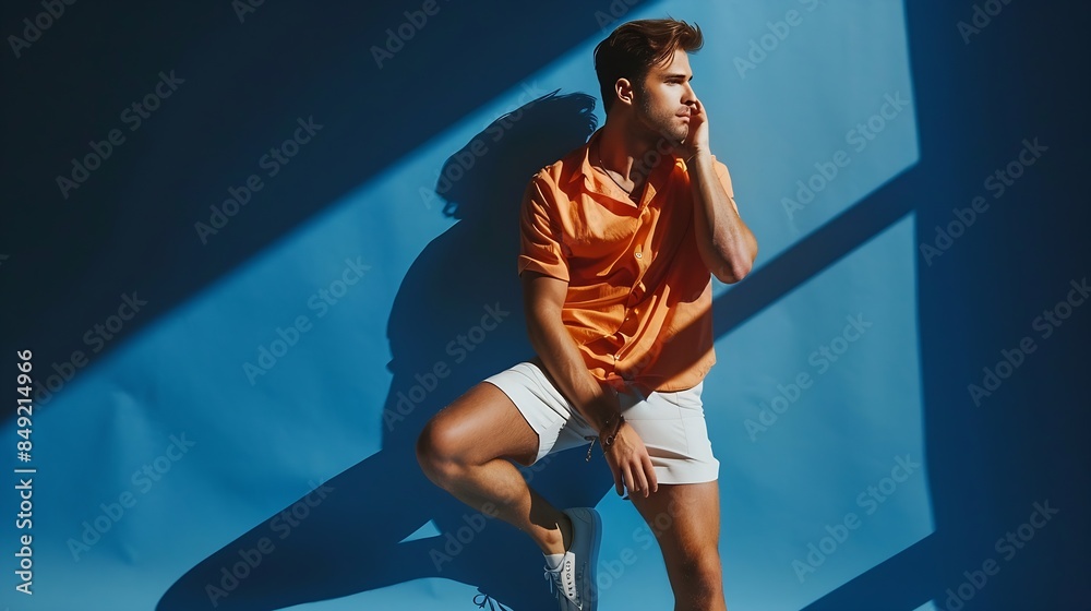 Fashionable man in his 20s in trendy orange shirt and white shorts posing on deep blue background : Generative AI Fashionable man in his 20s in trendy orange shirt and white shorts posing on deep blue background : Generative AI