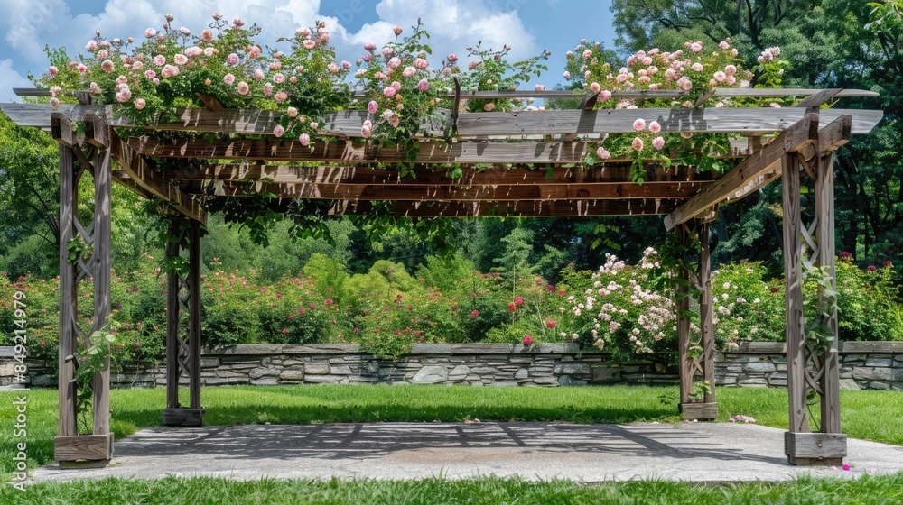 Beautiful rose arbor in an English garden with pink roses, a blue sky, and green grass background, featuring a flower wall on wooden arches. Beautiful rose arbor in an English garden with pink roses, a blue sky, and green grass background, featuring a flower wall on wooden arches.