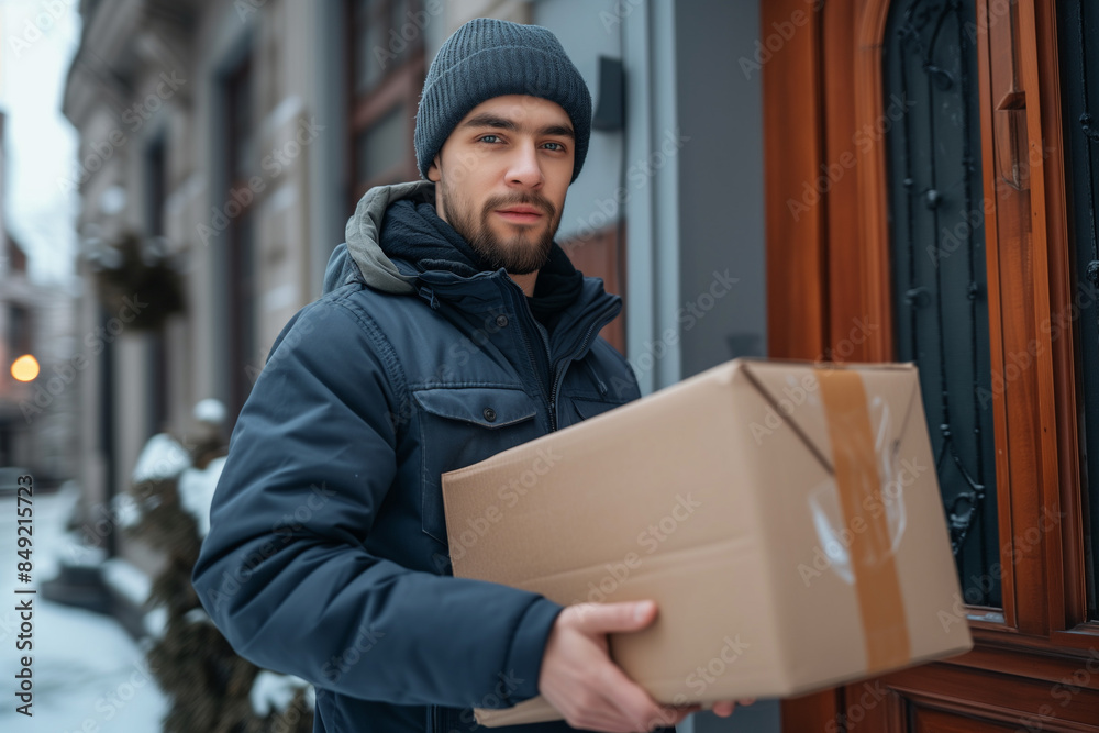 Delivery service. Courier. A courier holds parcels on the threshold near the door, close-up. Parcel delivery Delivery service. Courier. A courier holds parcels on the threshold near the door, close-up. Parcel delivery