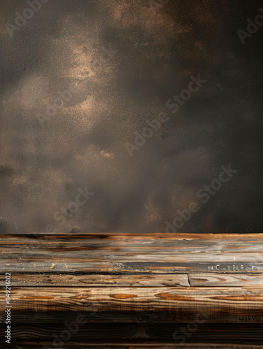 Rustic wooden table with empty dark textured background.