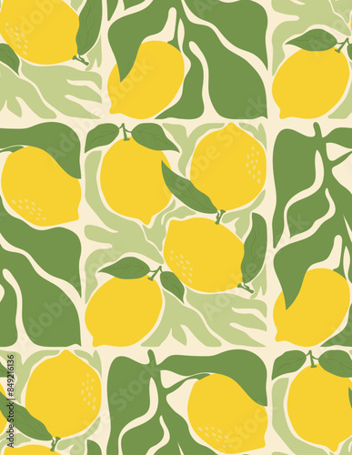 Retro groovy citrus  fruit design for fabric prints. Aesthetic lemons and leaves composition seamless pattern. Vector illustration.