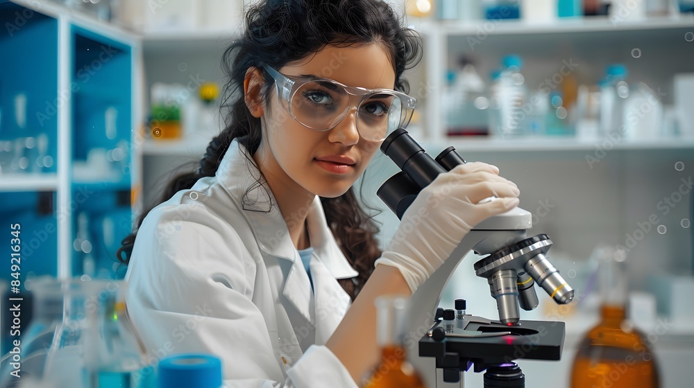 A young woman working in a professional laboratory, using a microscope. A young woman working in a professional laboratory, using a microscope.