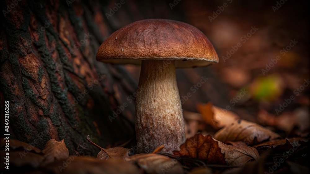 White mushroom porcini in the forest among branches and leaves White mushroom porcini in the forest among branches and leaves