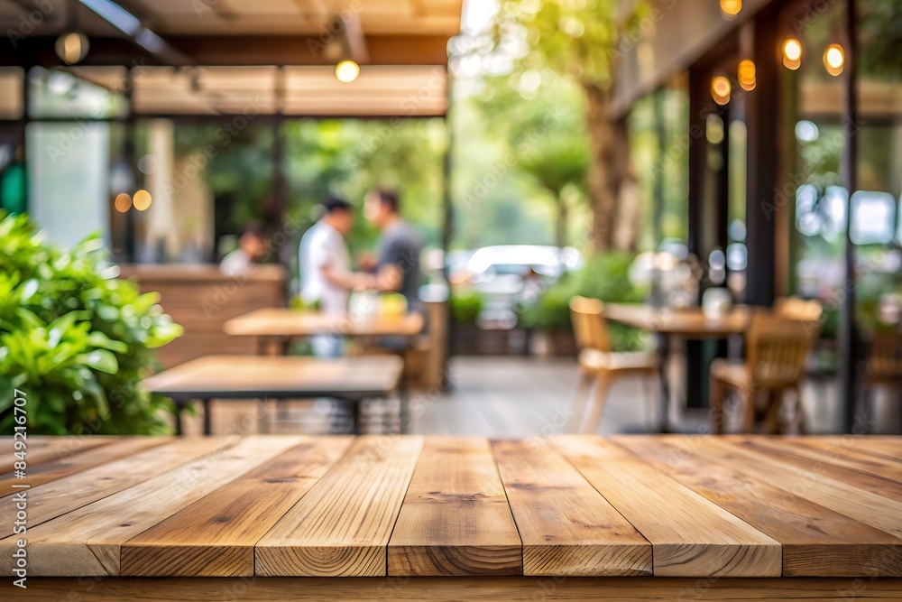 Empty wood tabletop or counter with display product. Blur image of outdoor coffee shop background. Display product background concept. Empty wood tabletop or counter with display product. Blur image of outdoor coffee shop background. Display product background concept.
