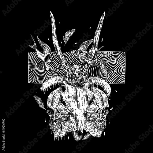 hand drawn skull goat death metal illustration