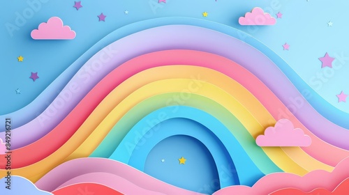 Vibrant paper art style illustration of a rainbow, using flat colors in a simple vector graphic, perfect for lively themes