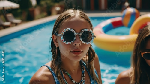 Very beautiful young woman is partying in the swimming pool wearing retro style glasses.