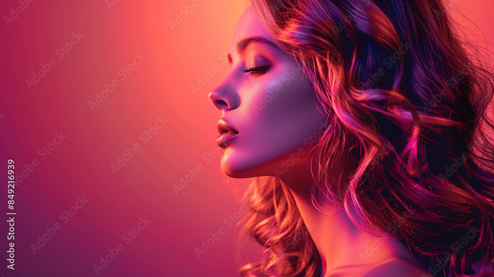 Beautiful woman in profile with long and shiny wavy hair . Beauty model girl with curly hairstyle . Beautiful woman in profile with long and shiny wavy hair . Beauty model girl with curly hairstyle .
