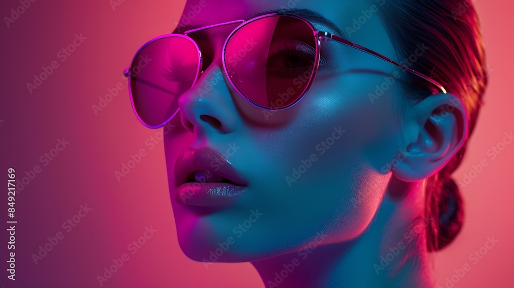 Closeup portrait of young woman wearing sleek sunglasses luminous vibrant neon glow on her face highlighting her serene expression Concept of youth beauty fashion and style modern life : Generative AI Closeup portrait of young woman wearing sleek sunglasses luminous vibrant neon glow on her face highlighting her serene expression Concept of youth beauty fashion and style modern life : Generative AI