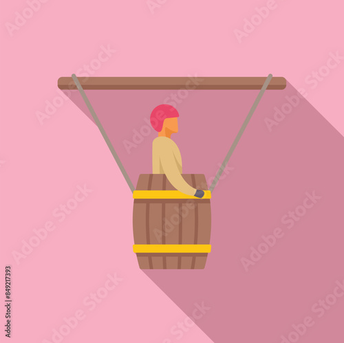 Stuntman is hanging in a barrel, performing a dangerous stunt for a movie or tv show