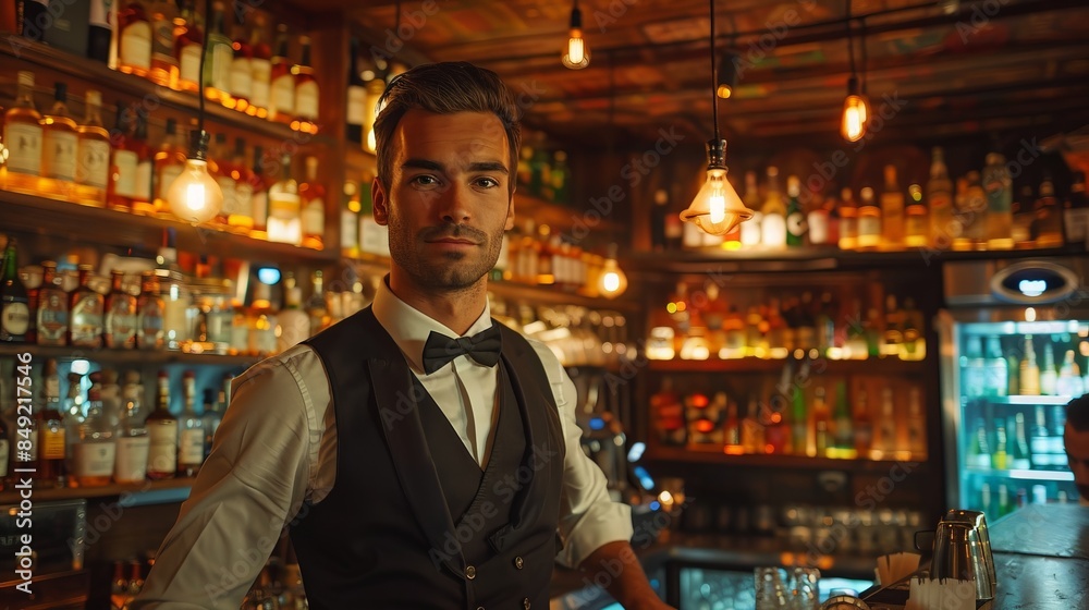 A man in a vest and bow tie stands in front of a bar with many bottles A man in a vest and bow tie stands in front of a bar with many bottles