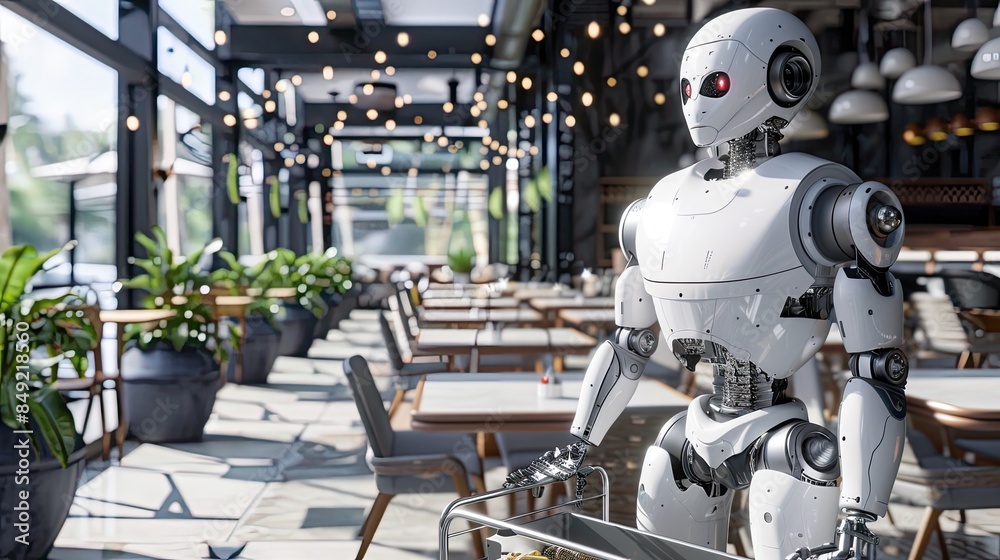 A humanoid AI robot, equipped with wheels, delivers food on a tray to a table at a restaurant with a modern cafe style interior, featuring wooden tables, chairs, and a spacious open space. A humanoid AI robot, equipped with wheels, delivers food on a tray to a table at a restaurant with a modern cafe style interior, featuring wooden tables, chairs, and a spacious open space.