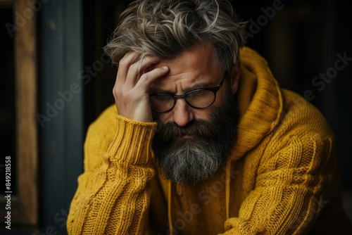 Frustrated and overloaded bearded man massaging the temples, suffers from severe m, generative IA photo